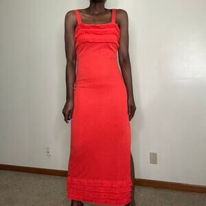 VINTAGE | 1970s Orange Sleeveless Fringe Knit Long Dress  XS/S